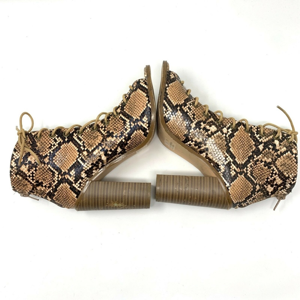 Olivia Ferguson Booties Snake Print Brown Lace Up Open Toe - Picture 5 of 7